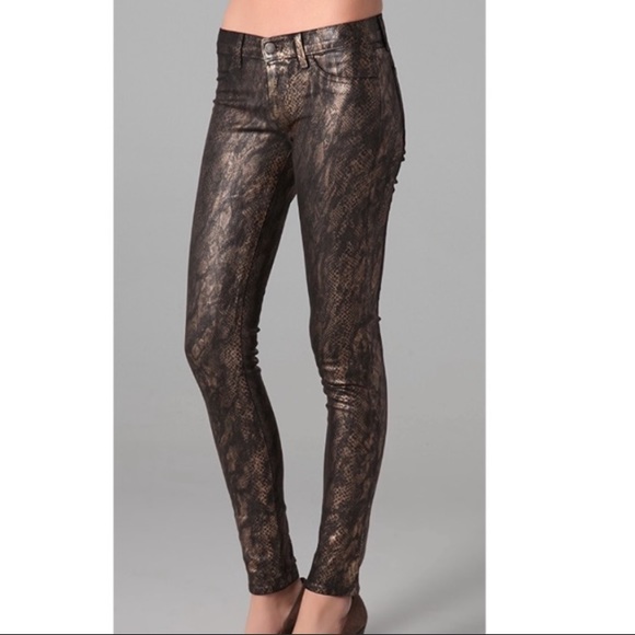 J Brand Denim - J BRAND 901 Black Golden Snake Print Coated Stretch Denim Leggings Jeans